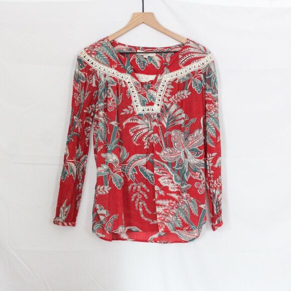 Loft Floral Long Sleeve Blouse with Lace Accents - Small, Red and Teal - Picture 1 of 8